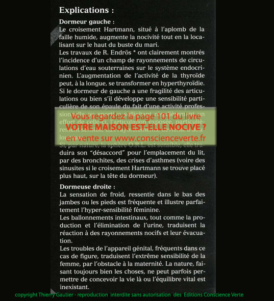 il faut éviter de se placer à l'applomb de l'eau souterraine et d'un croisement hartmann quand on sejourne longtemps au même endroit dans la maison comme un lit ou un fauteuil augmentation de l'activité endocrinienne des dormeurs sous l'effet des rayonnements naturels de l'eau souterraine